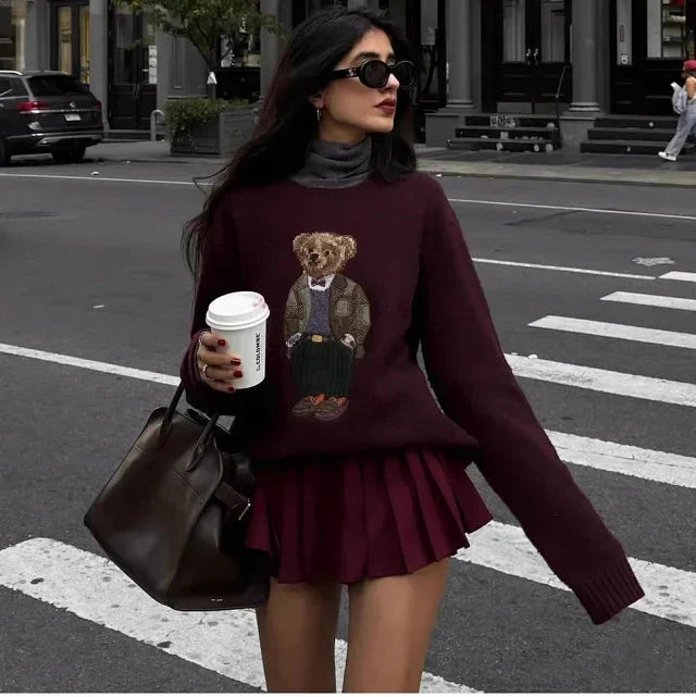 Burgundy Bear Knit Sweater